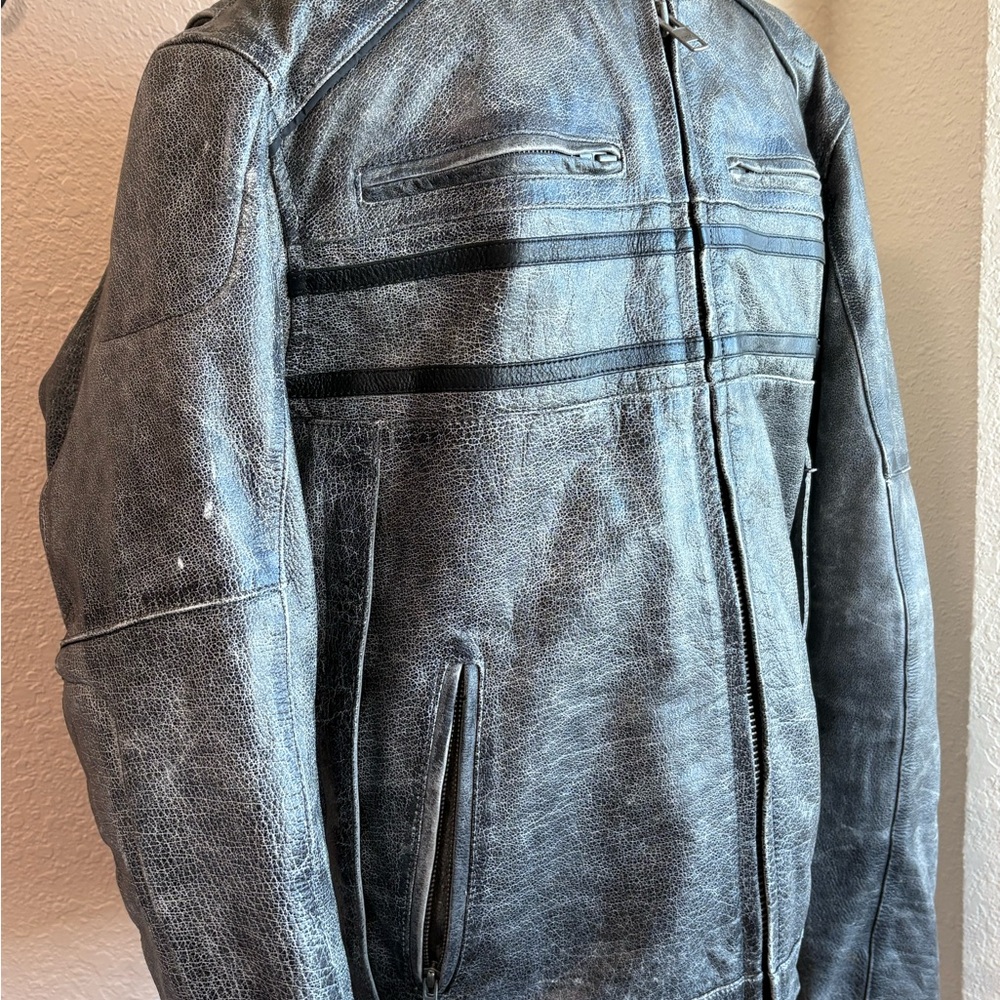 Unik Distressed Gray Leather Bomber Motorcycle Jacket men Sz L - Picture 2 of 16